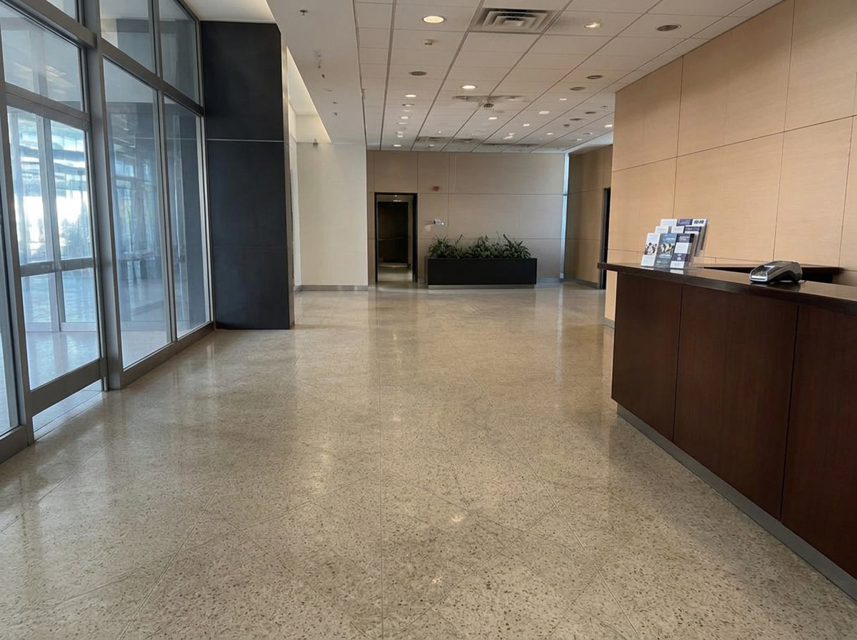 After: Office lobby — daily traffic buildup vs. after nightly janitorial service