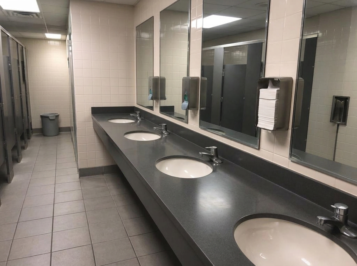 After: Commercial restroom — pre-service condition vs. sanitized and restocked