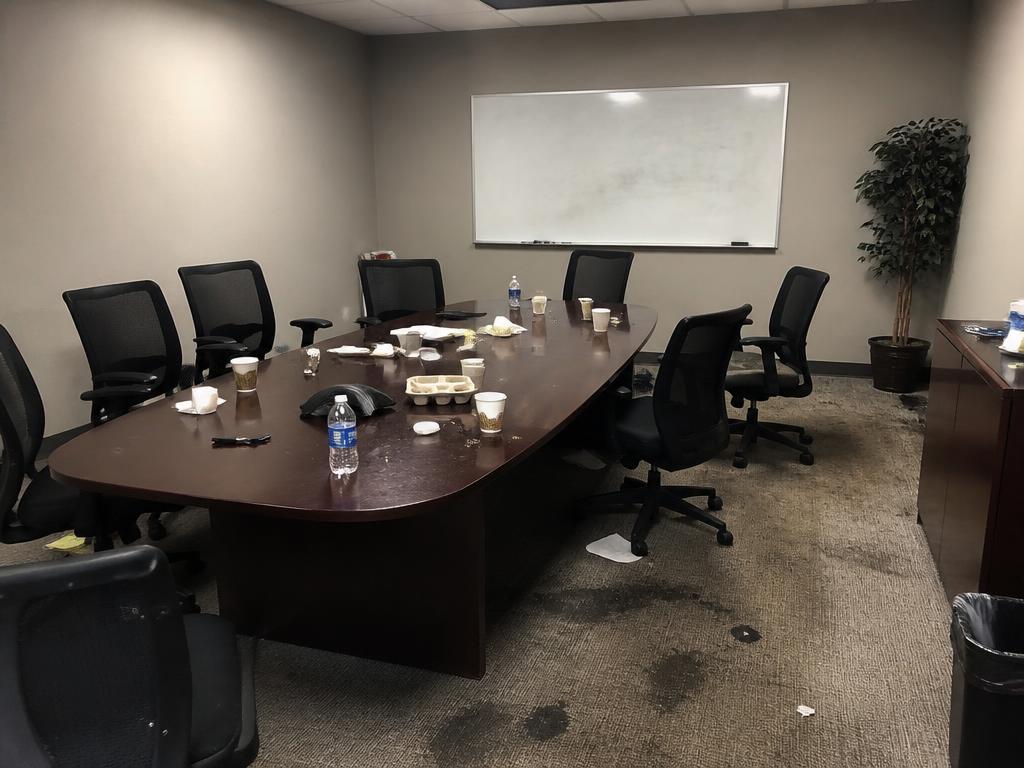 Before: Conference room — meeting-day turnover vs. cleaned and reset