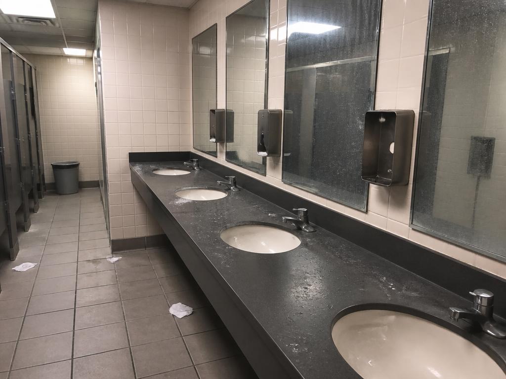Before: Commercial restroom — pre-service condition vs. sanitized and restocked