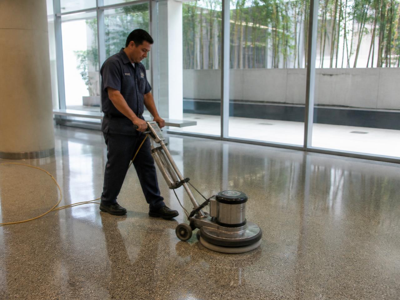Hard floor care and burnishing in a corporate atrium